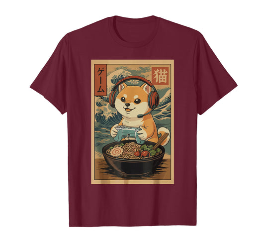 Kawaii Japanese Ramen Dog Retro Gaming Shirts for Men T-Shirt