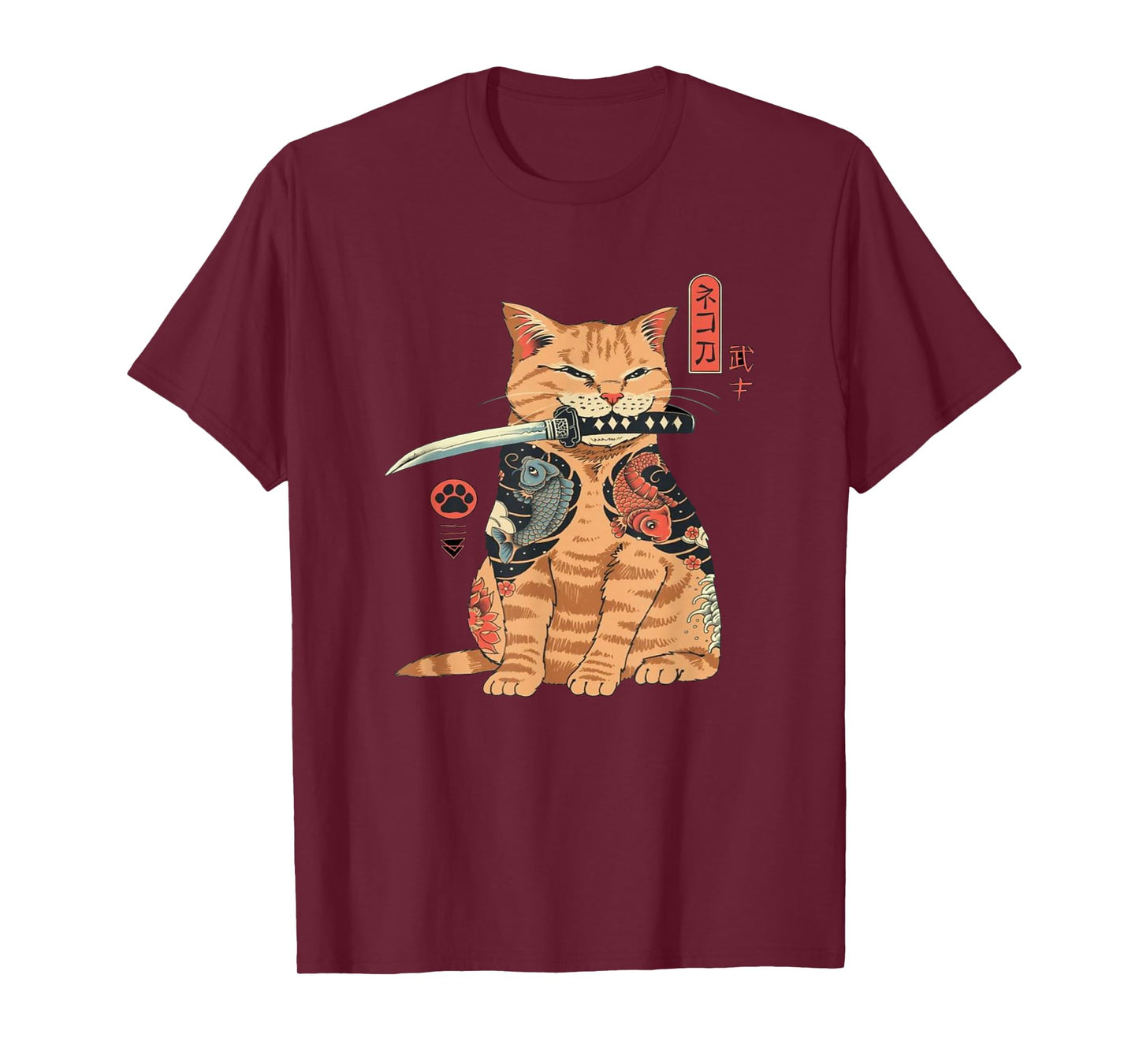 Alexamerch Cats Japanese Samurai Ninja Cat Kawaii Tattoo Graphic T-Shirt - Kids, Anime Fans, Casual Wear Lovers - Unisex - Black - Small - Short Sleeve - Classic Fit - Cotton, Polyester