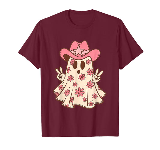 Pink Ghost in Cowboy Hat with Sunflowers Western Halloween T-Shirt