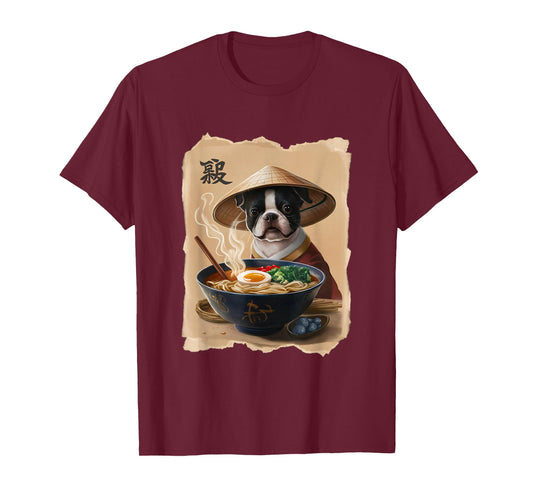 Men Woman Kawaii Eating Ramen Japanese Boston Terrier T-Shirt