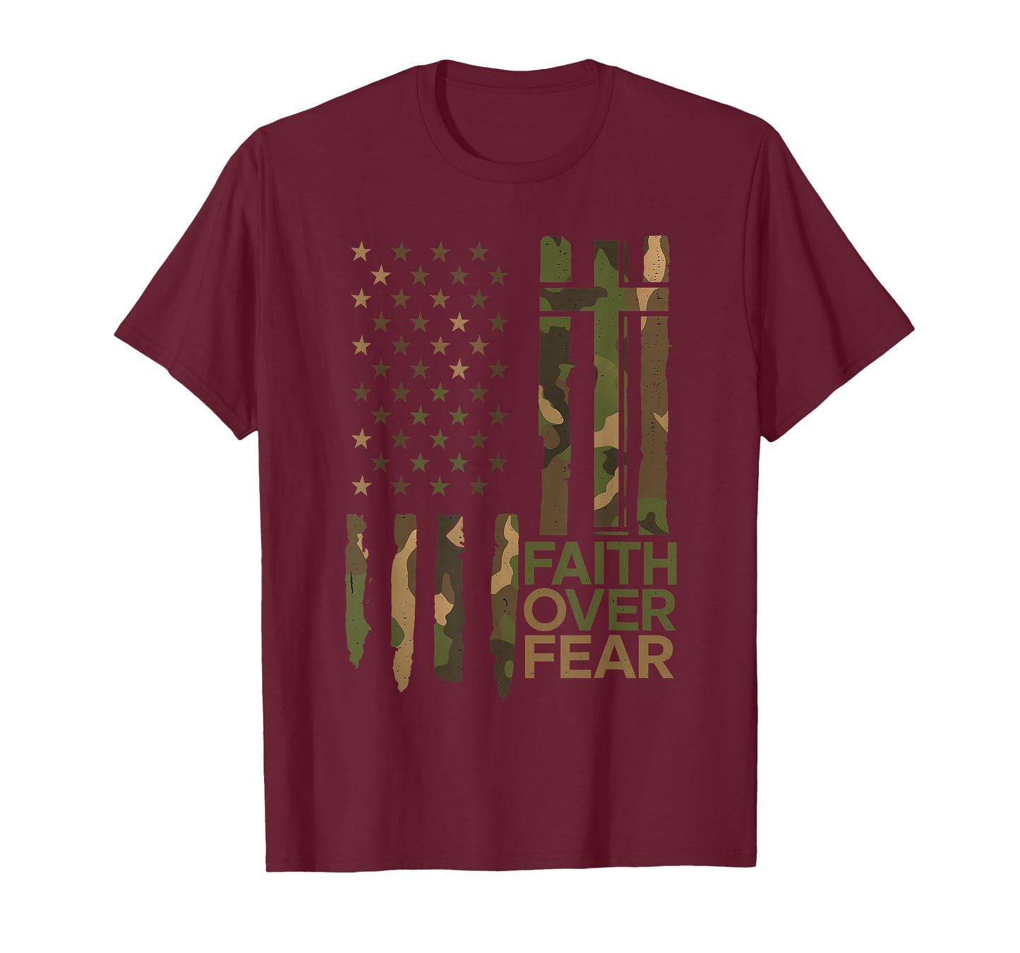 Vintage Design Christian Faith Over Fear Camo US Flag T-Shirt