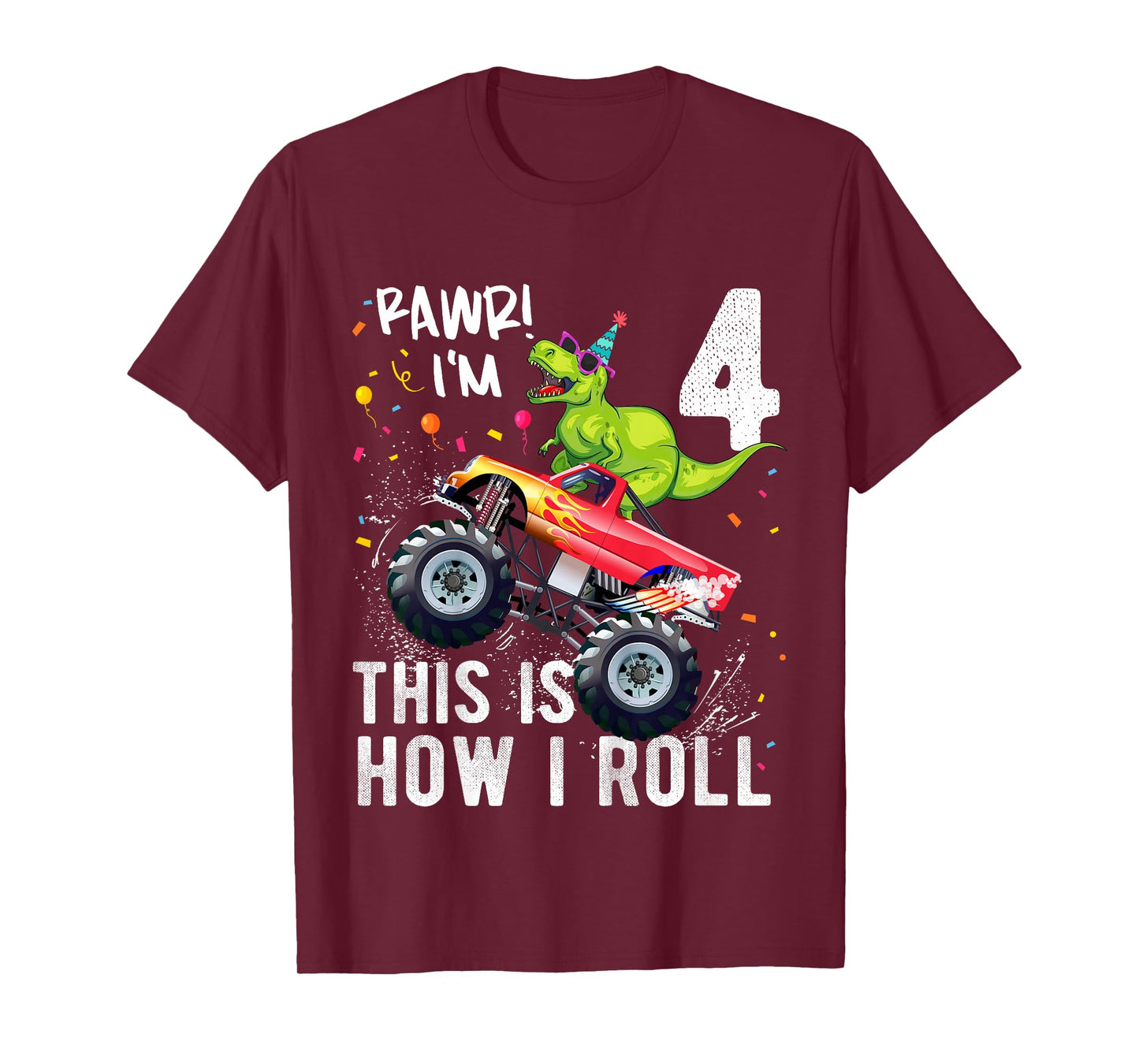 Kids T Rex Dinosaur Monster Truck 4th Birthday Boys and Girls T-Shirt