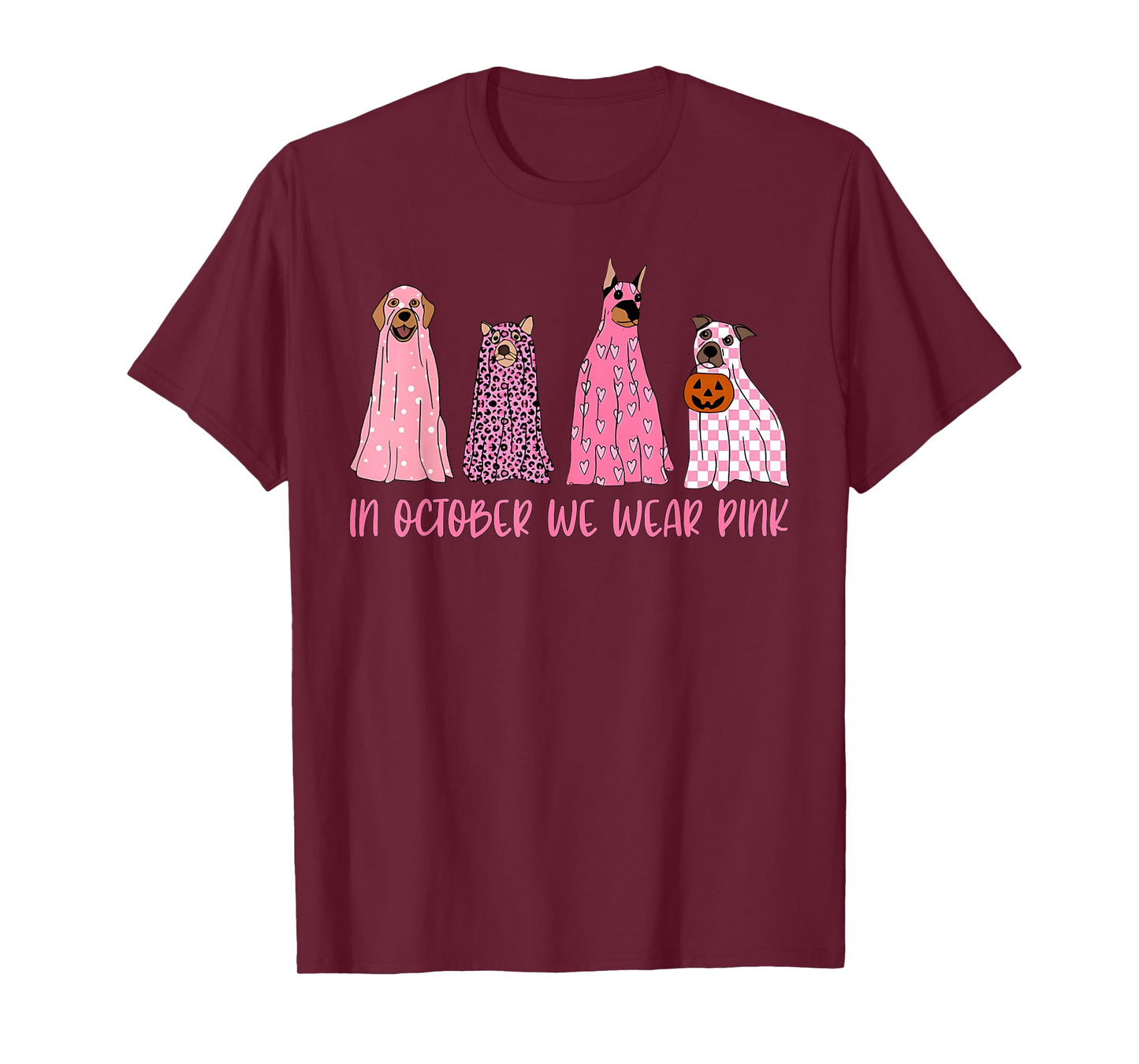 in October We Wear Pink Ghost Dogs Breast Cancer Awareness T-Shirt