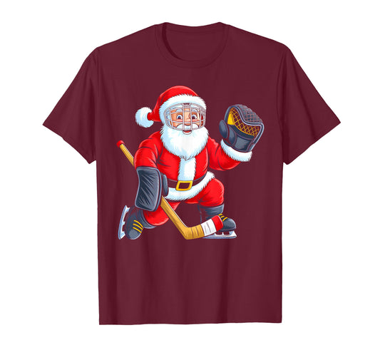 Ice Hockey Santa Christmas Sports Men Boys Kids Xmas Pajamas T-Shirt