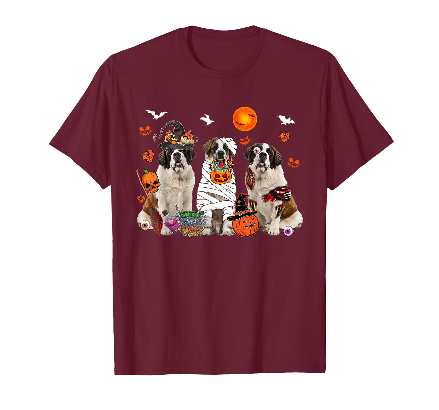 Three St. Bernard Dogs Witch Scary Mummy Halloween Zombie T-Shirt
