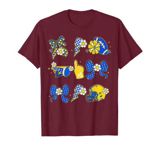 Retro Blue & Gold Cheer Football Game Day Coquette Bow T-Shirt