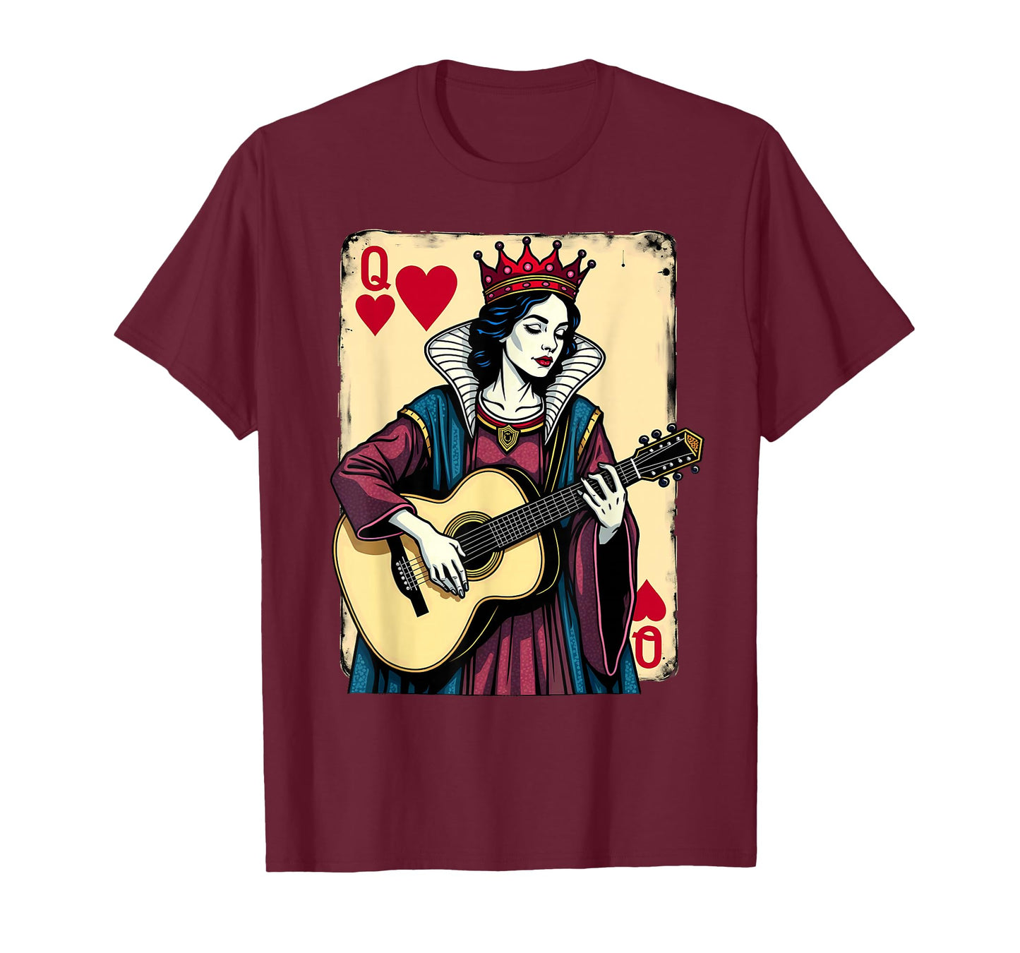 Vintage Card Game Hearts Queen Playing Guitar T-Shirt