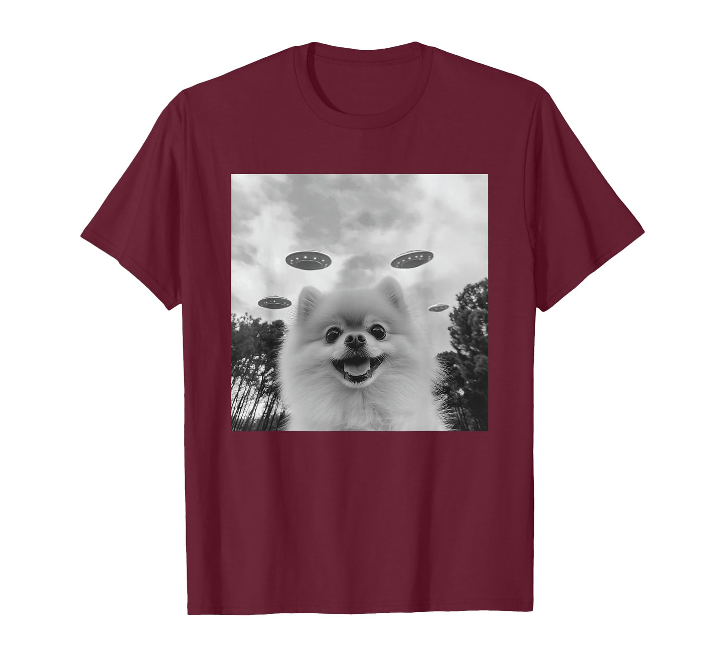 Cute Pomeranian Dog Selfie With UFO UAP Invasion Alien T-Shirt