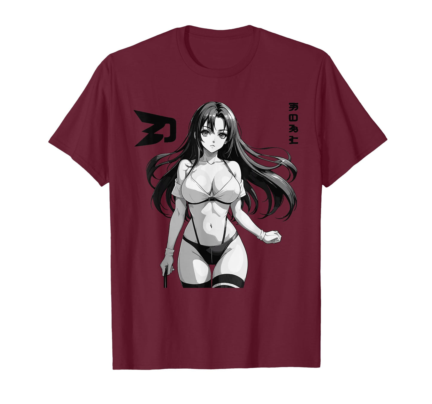 Sexy Waifu Otaku Anime Girl Japanese in Black and White Art T-Shirt