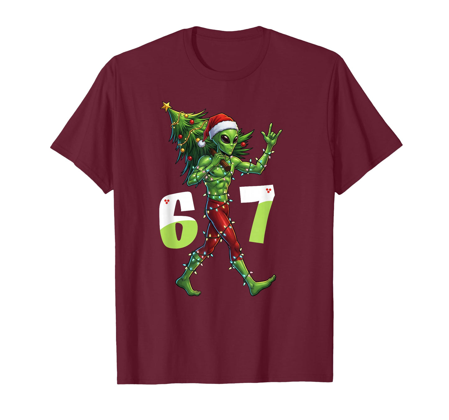 Funny Christmas Alien Six Seven Meme 67 Santa Hat 6 7 Xmas T-Shirt