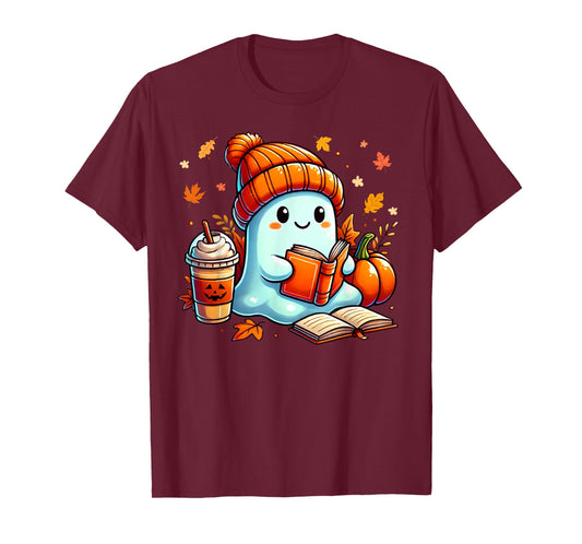 Cute Ghost Reading Book Lovers Halloween Coffee and Book T-Shirt