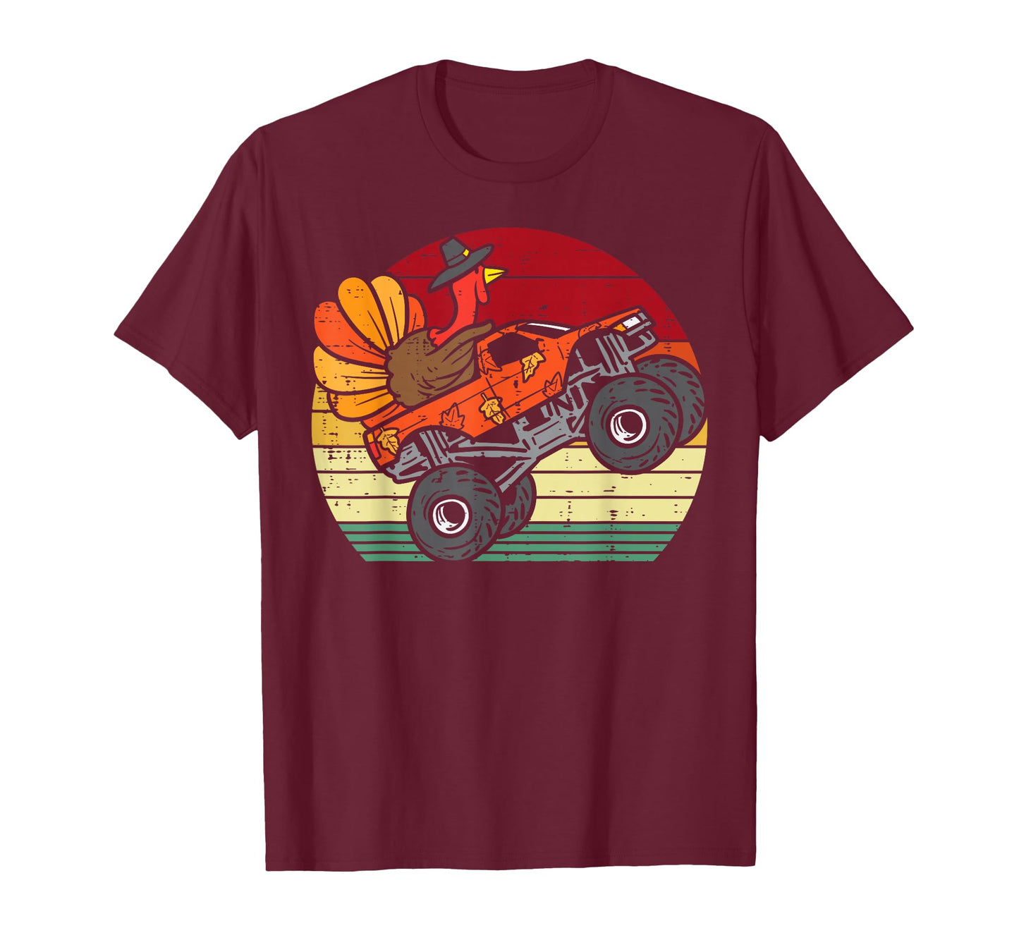 Monster Truck Turkey Sunset Retro Thanksgiving Boys Kids T-Shirt