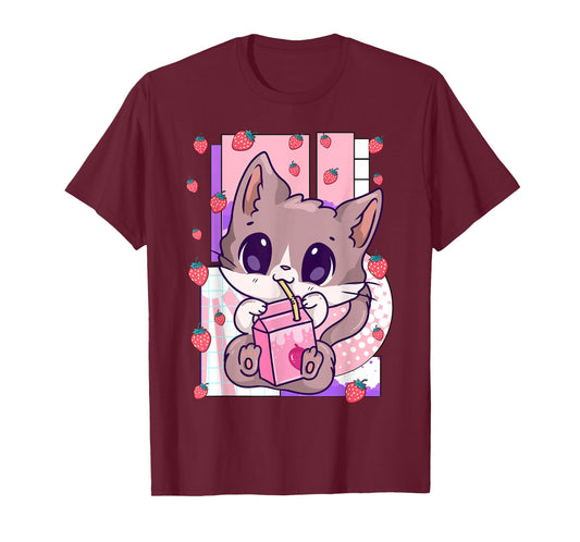 Cute Kawaii Cat Strawberry Milk Anime Neko Shake T-Shirt