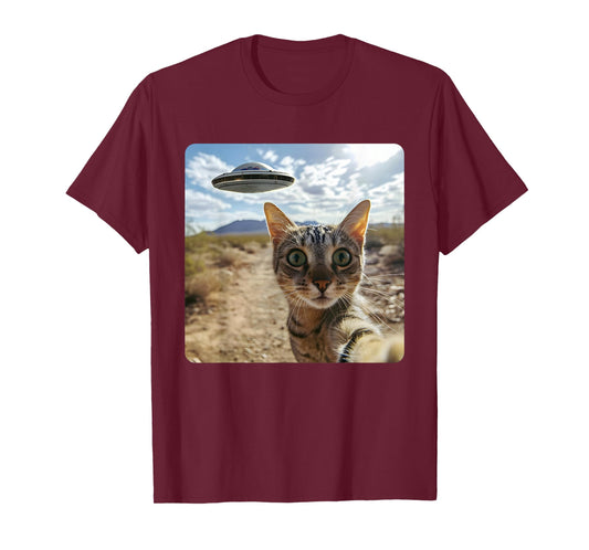Extraterrestrial Encounter: Cat Selfie with Alien UFO T-Shirt