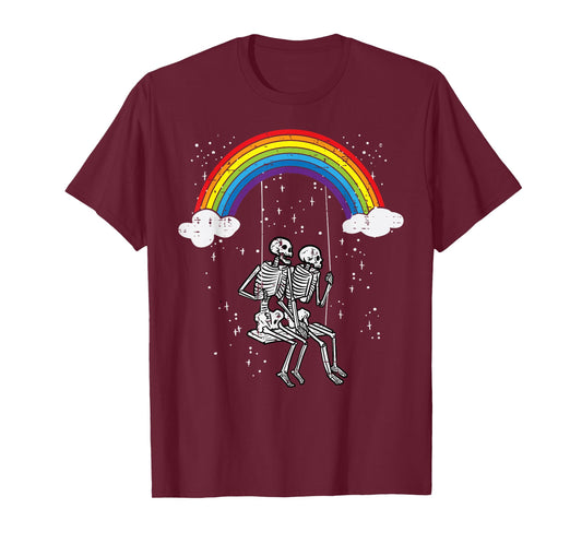 Halloween Skeletons Couple Rainbow Swing Costume Women Men T-Shirt