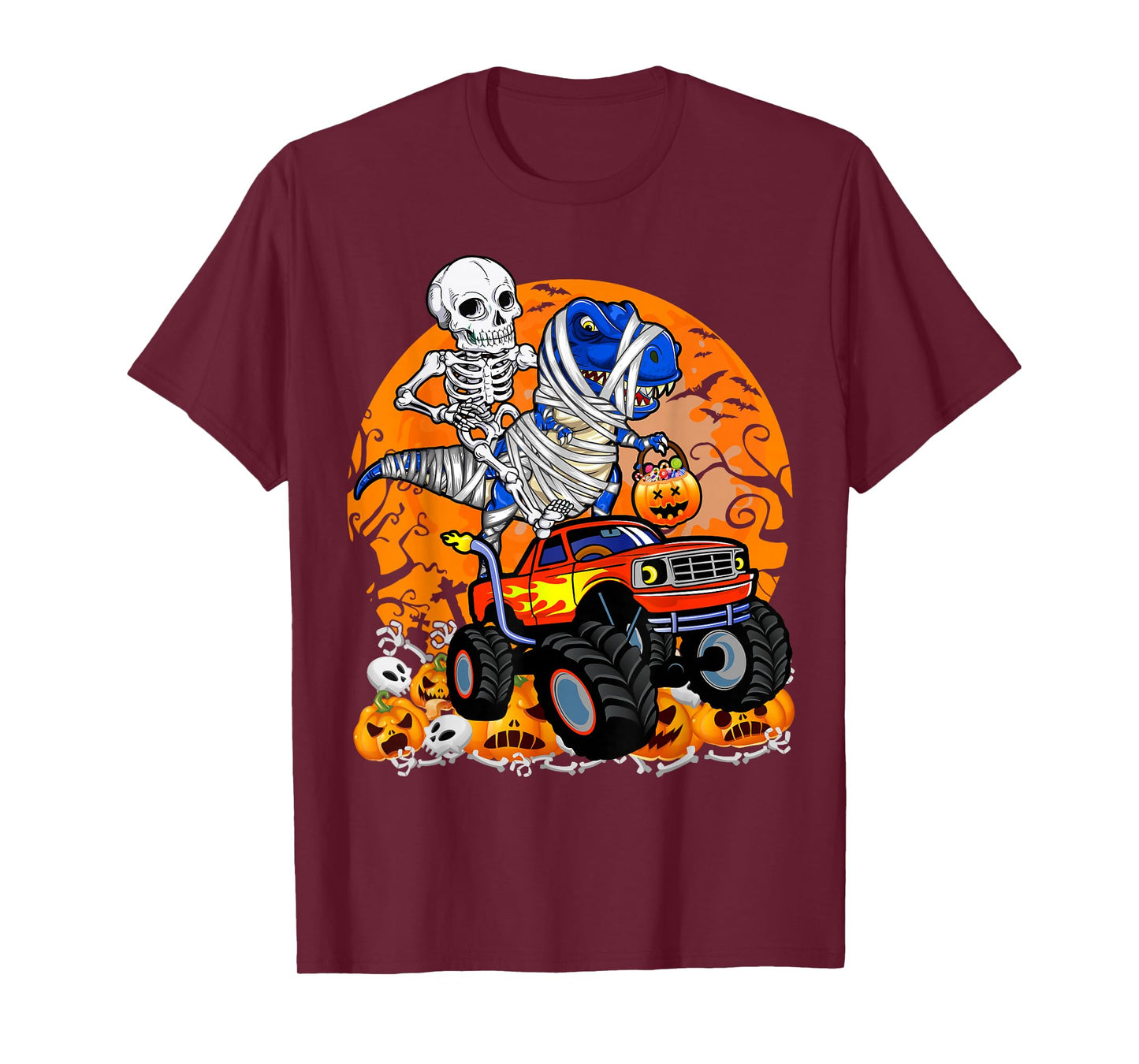 Skeleton Riding Dinosaur T-rex Mummy Monster Truck Halloween T-Shirt