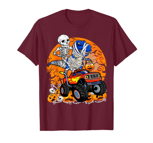 Skeleton Riding Dinosaur T-rex Mummy Monster Truck Halloween T-Shirt