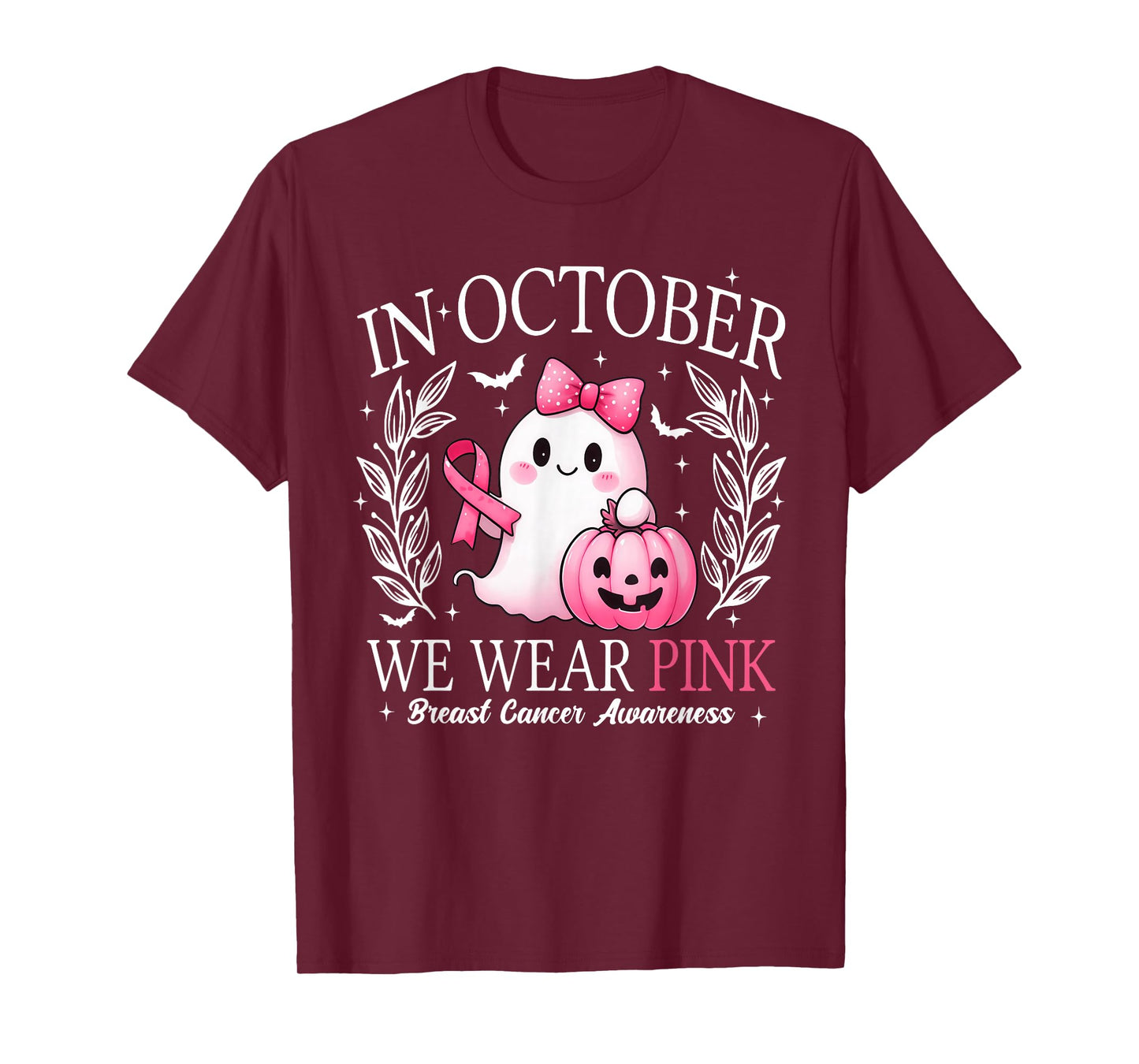 in October We Wear Pink Ghost Witch Breast Cancer Awareness T-Shirt
