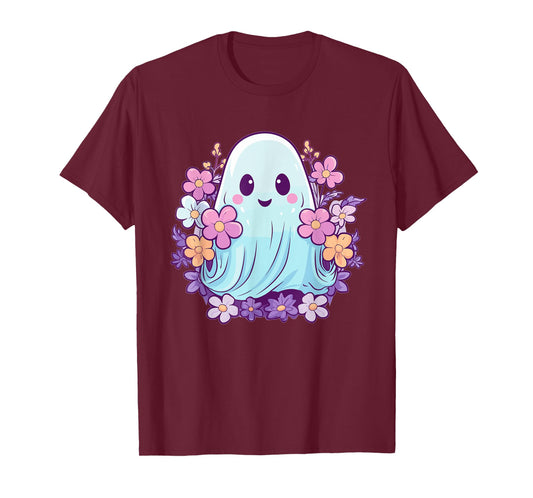 Cute Ghost With Flowers I Kids Ghost T-Shirt