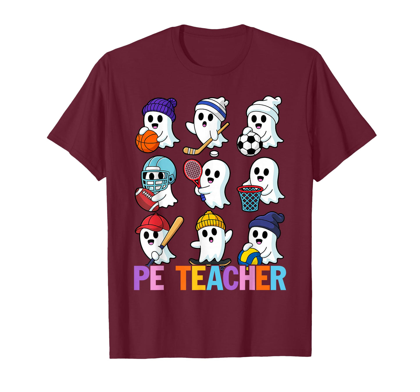 Halloween PE Teacher Ghost Playing Soccer Football Baseball T-Shirt