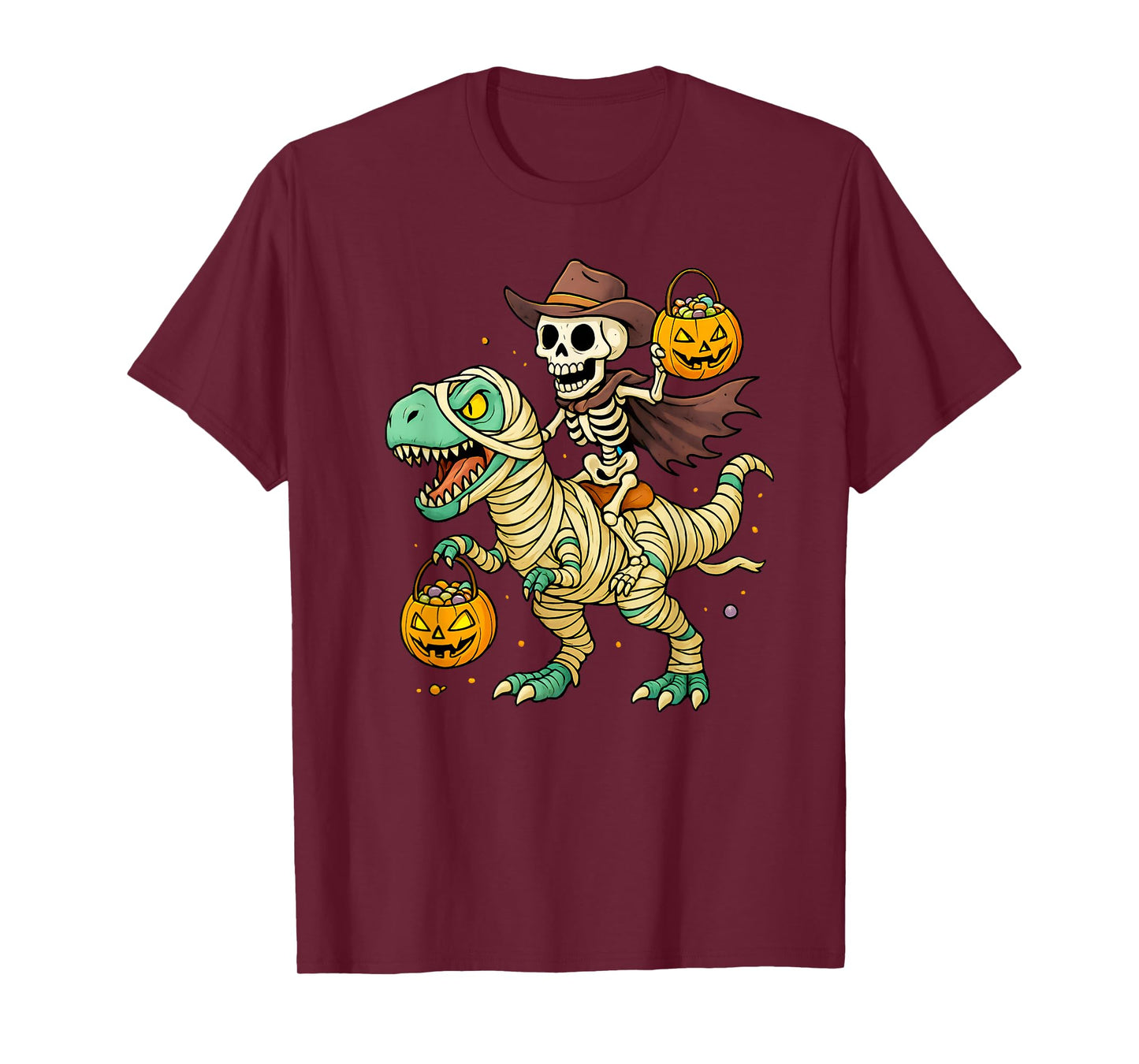 Skeleton Riding Mummy Dinosaur T Rex Kids Boys Men Halloween T-Shirt