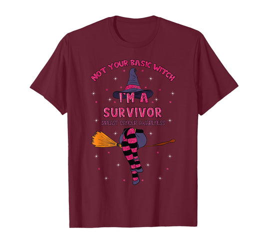 Halloween Witch Pink Awareness Ribbon Breast Cancer Survivor T-Shirt