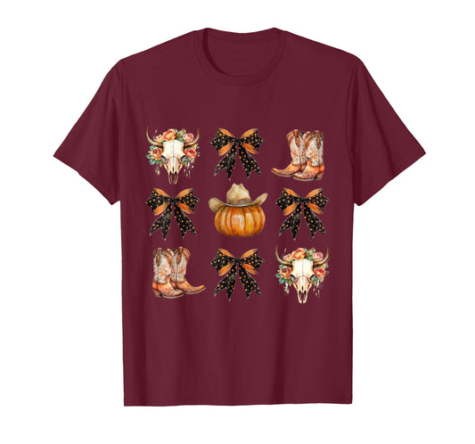 Coquette Bow Halloween, Skull Western Autumn, Howdy Pumpkin T-Shirt