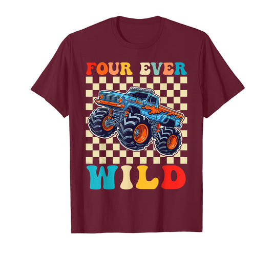 Funny Four Ever Wild 4th Birthday Kids Monster Truck T-Shirt