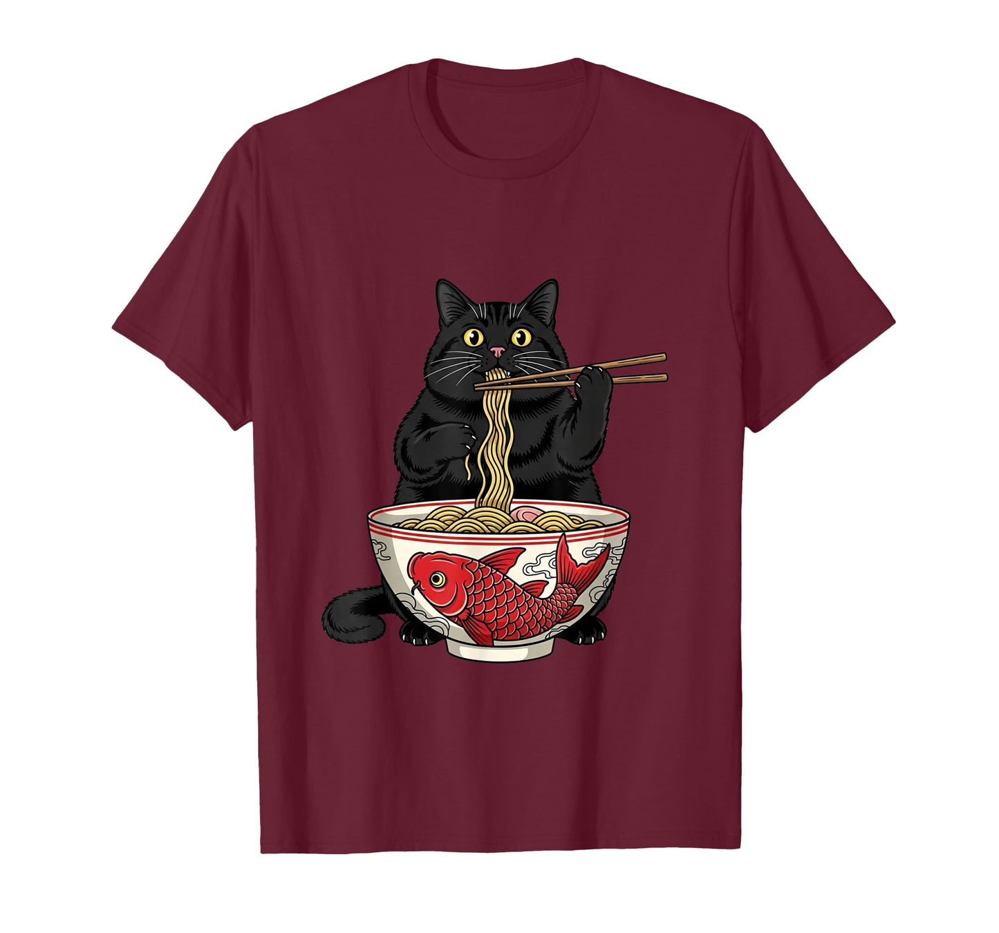 Funny Black Fat Cat Eating Ramen Noodles Anime T-Shirt
