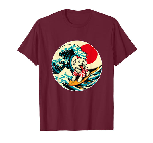 Great Wave Kanagawa Maltese dog Surfing T-Shirt for Men Women Kids