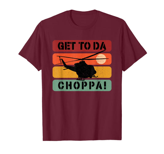 Get To Da Choppa Apparel Black Retro Movie Quote T-Shirt - Unisex-Adults, Small, Short Sleeve