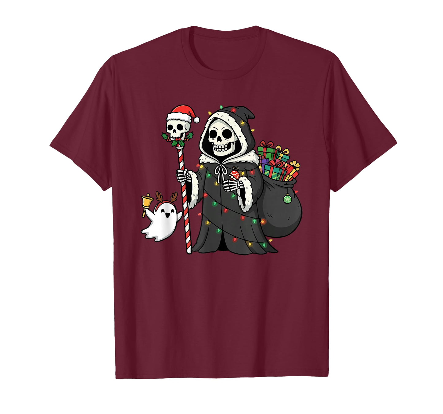 Christmas Skeleton Carrying a Ghost Grim Reaper Presents T-Shirt