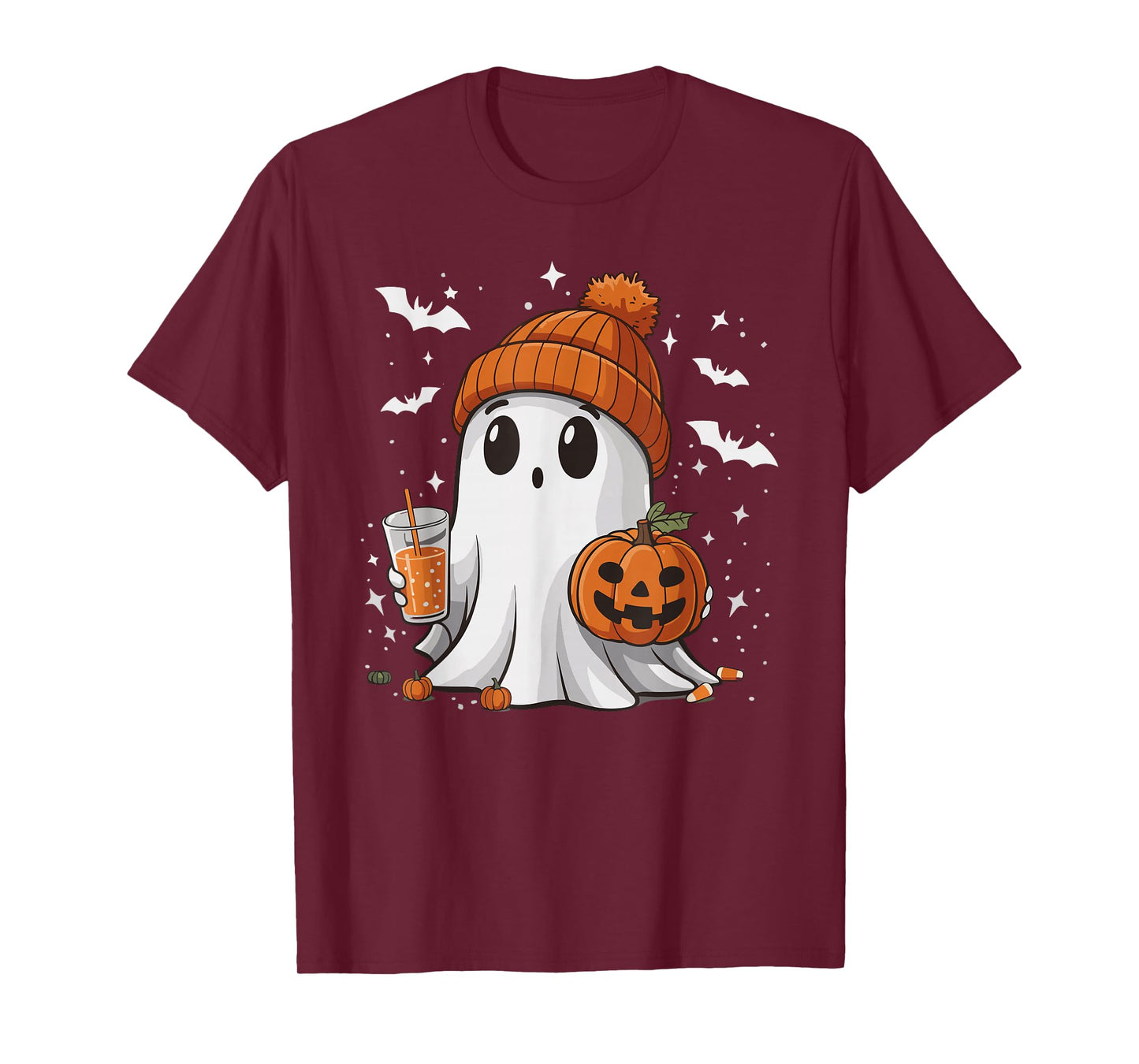 Cute Halloween Ghost with Pumpkin Spice Drink Spooky Season T-Shirt