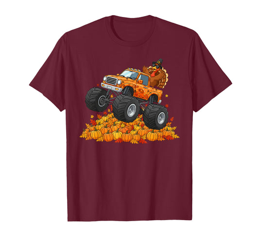 Turkey Riding Monster Truck Pumpkin Happy Thanksgiving Boys T-Shirt