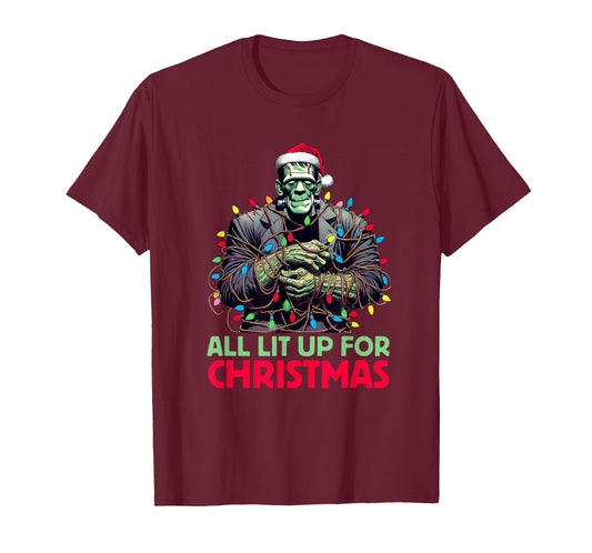"All Lit Up for Christmas" - Frankenstein's Monster Holiday T-Shirt