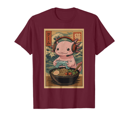 Kawaii Japanese Ramen Axolotl Retro Gaming Shirts for Men T-Shirt