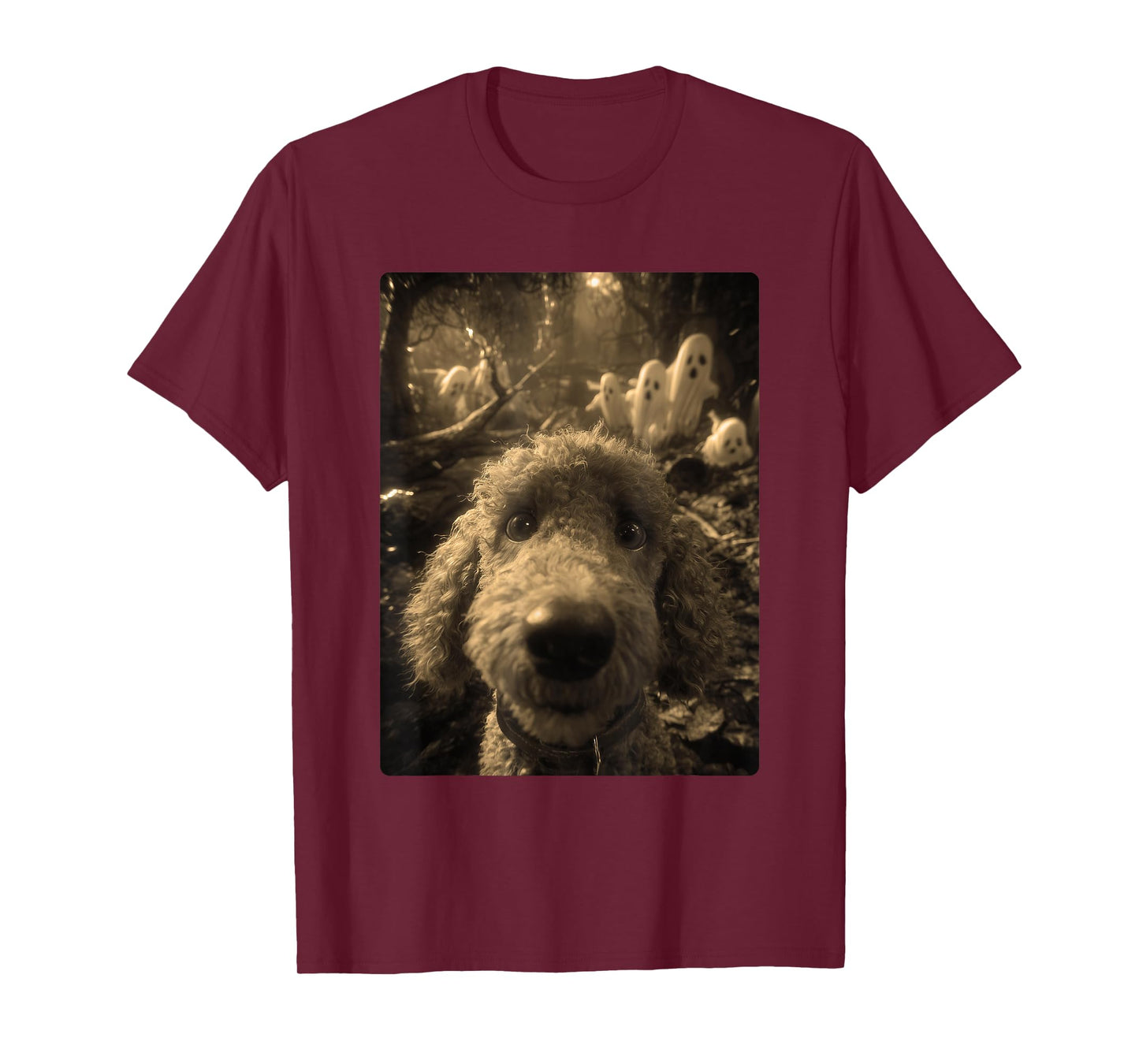Vintage Poodle Selfie Ghosts Haunted Forest Halloween Dog T-Shirt