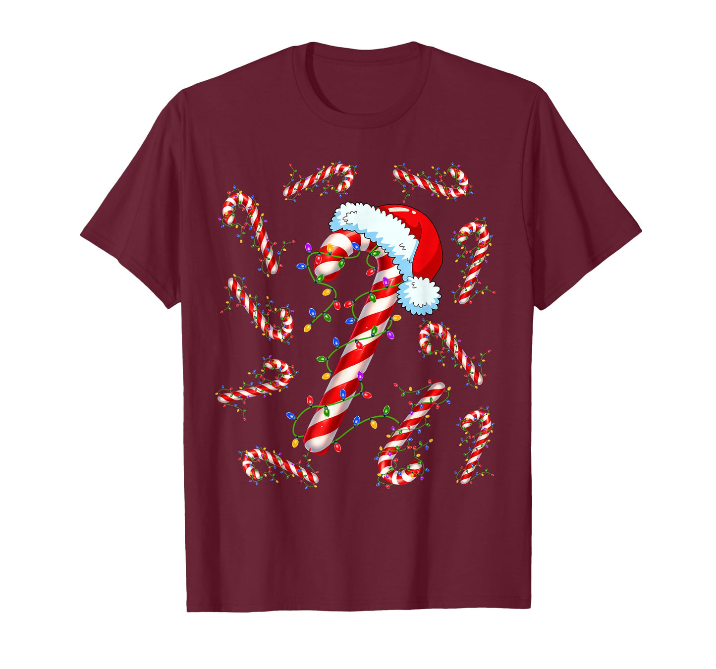 Candy Cane Santa Christmas Red and White Funny Xmas Lights T-Shirt