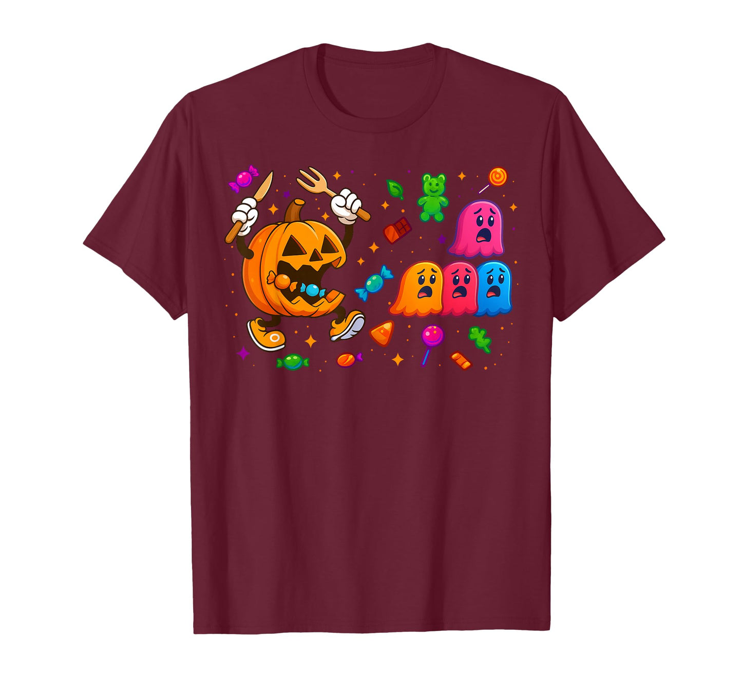 Gamer Pumpkin Eating Ghost Halloween Costume Men Boys Kids T-Shirt