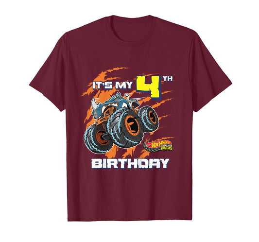 Kids Hot Wheels Monster Trucks - It's My 4th Birthday T-Shirt