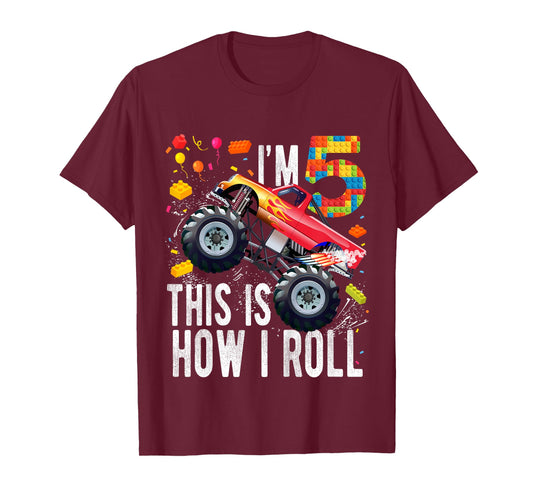 Kids 5 Year Old Building Blocks Monster Truck 5th Birthday Boy T-Shirt
