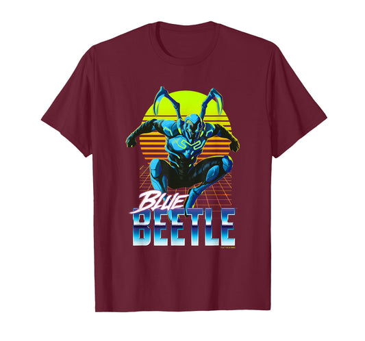 Blue Beetle Jumping Into Action Neon Gridline Background T-Shirt