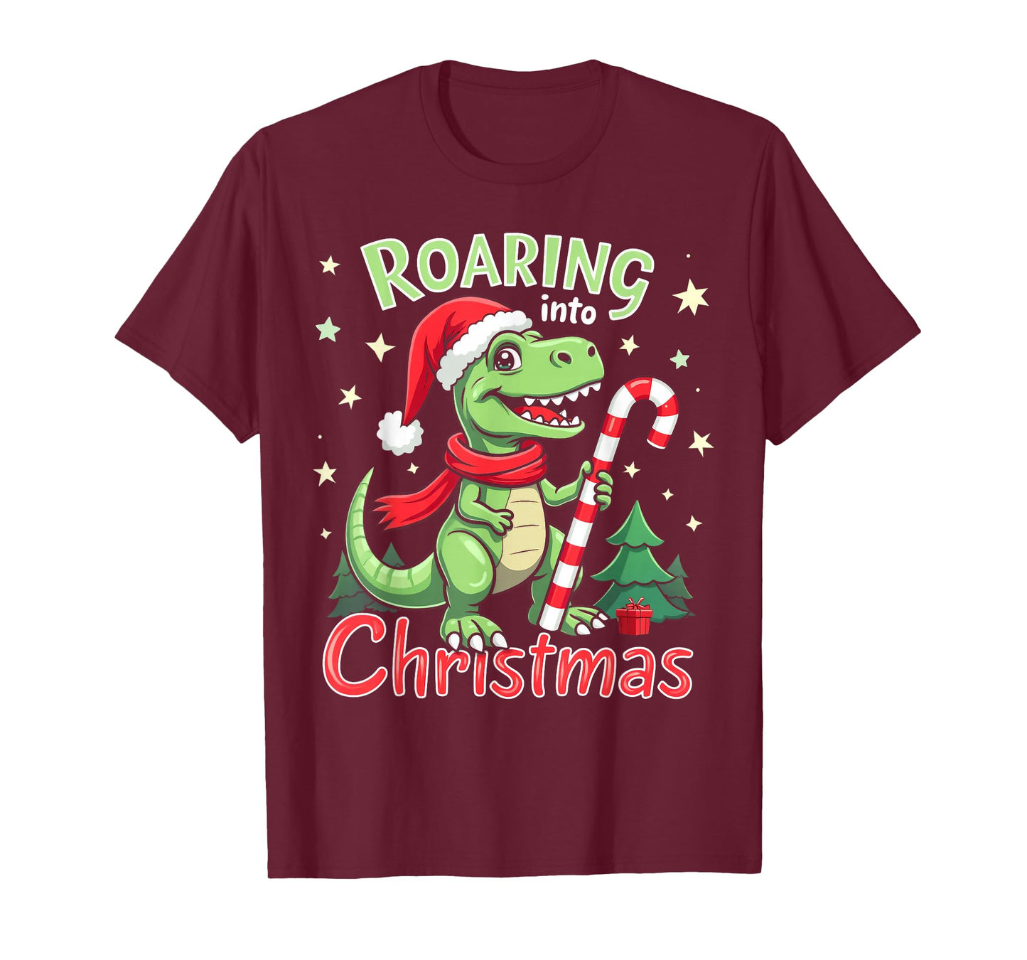 Roaring into Christmas T-Rex Santa Hat & Candy Cane Holiday T-Shirt