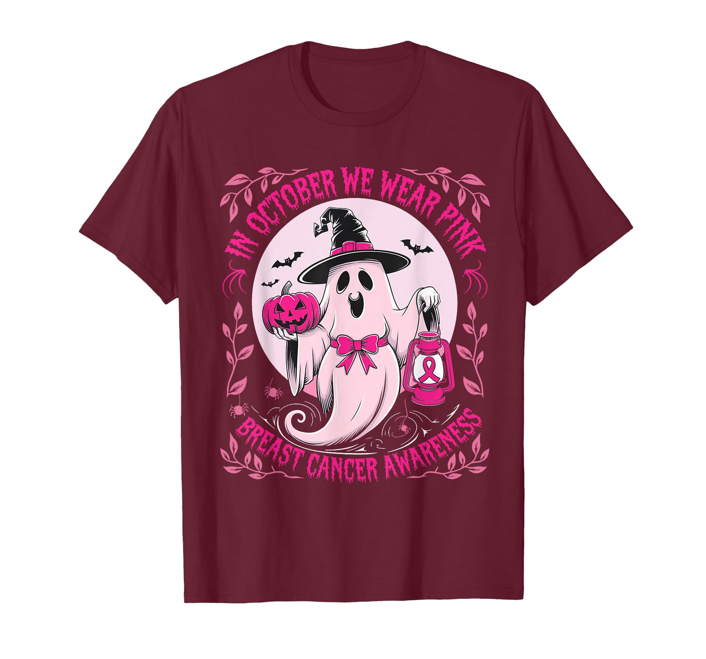 October We Wear Pink Ghost Halloween Pumpkins Breast Cancer T-Shirt