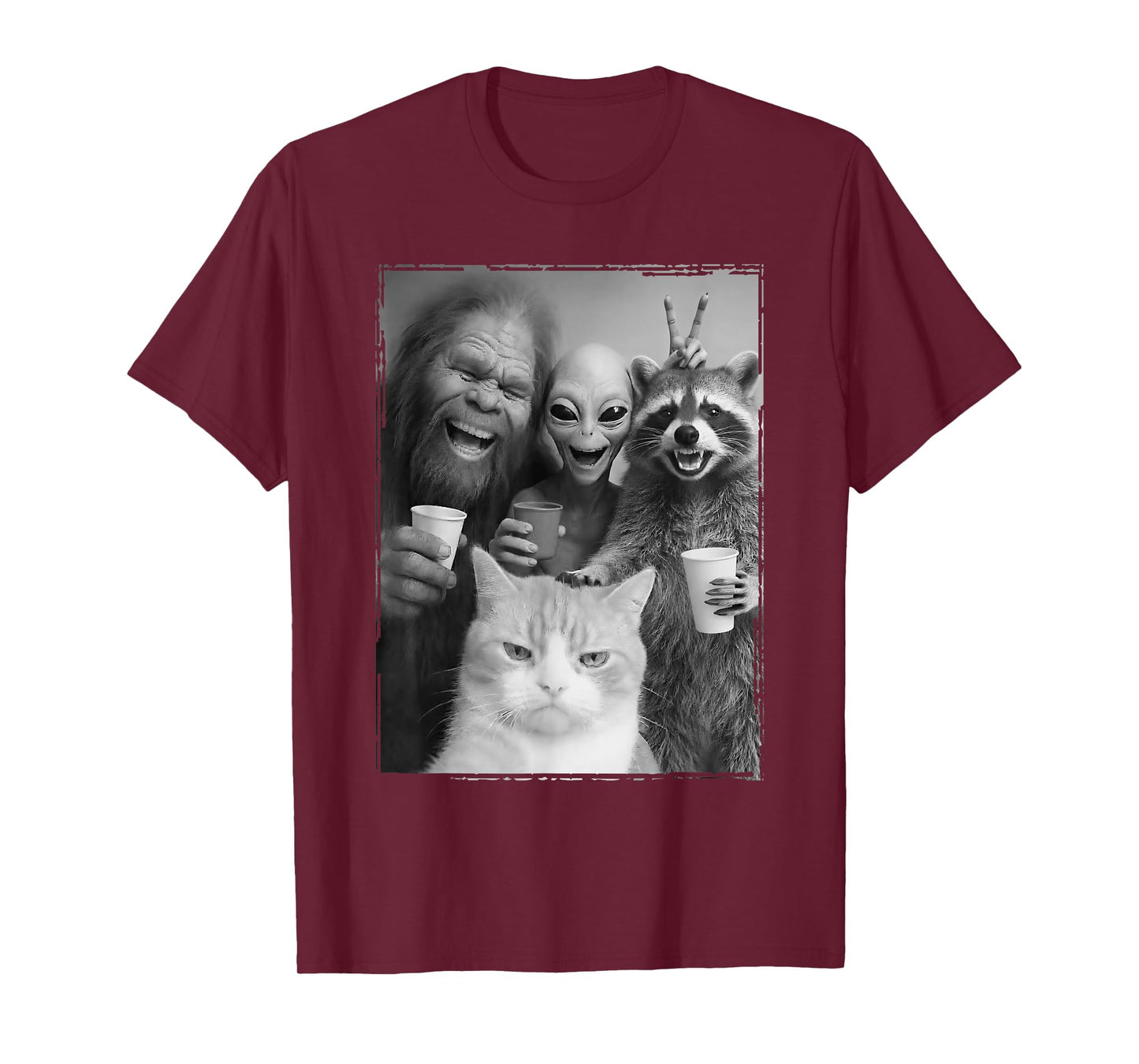 Cat Selfie with Bigfoot, Alien & Racoon | Funny Cat T-Shirt