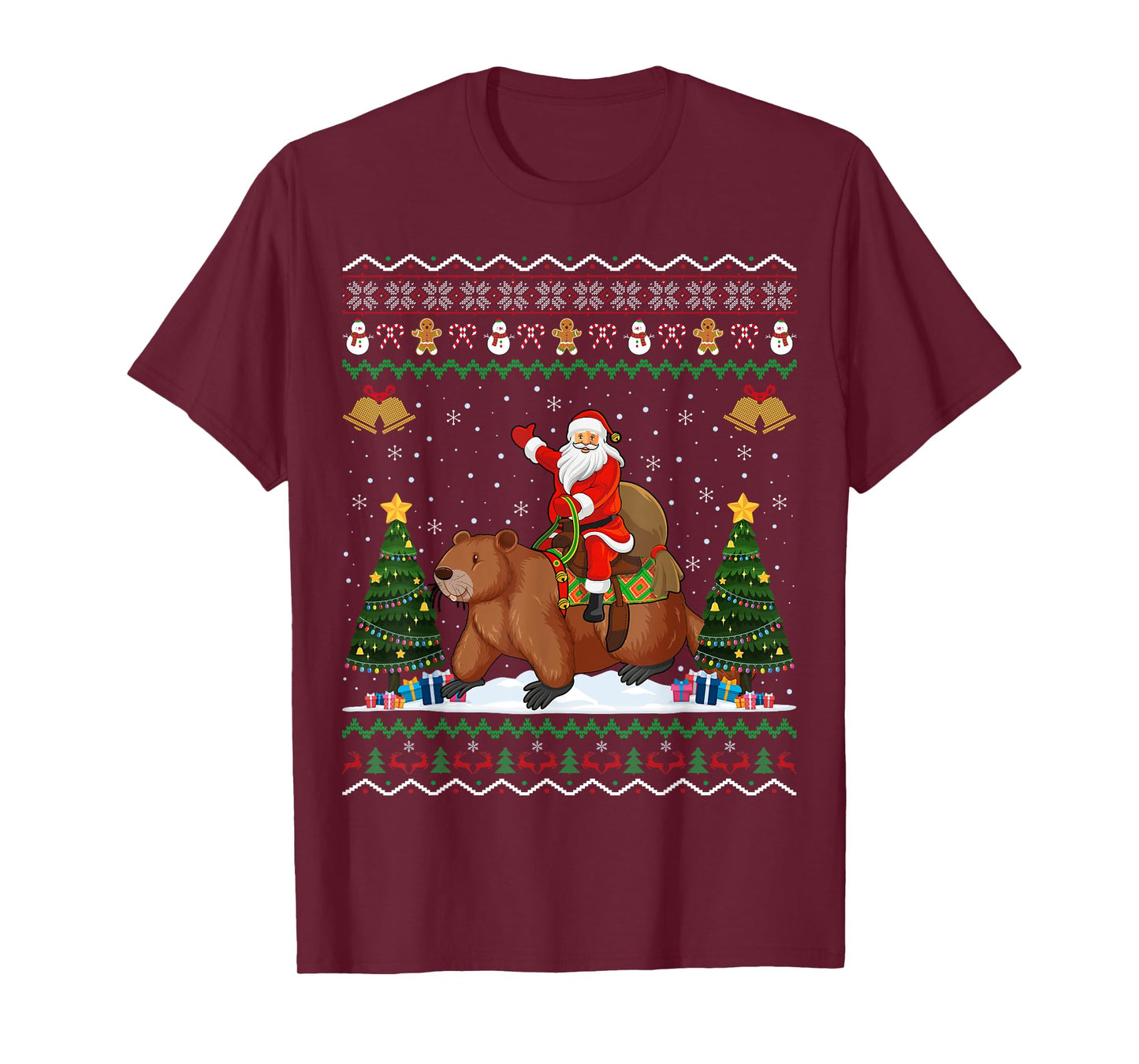 Beaver Ugly Xmas Gift Funny Santa Riding Beaver Christmas T-Shirt