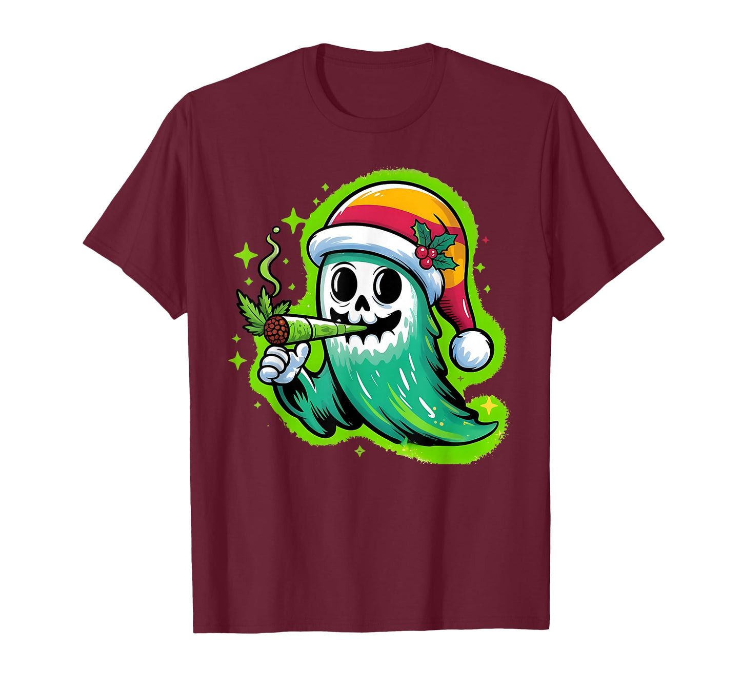 Ghost Santa Hat Smoking Stoner Weed 420 Cannabis Christmas T-Shirt