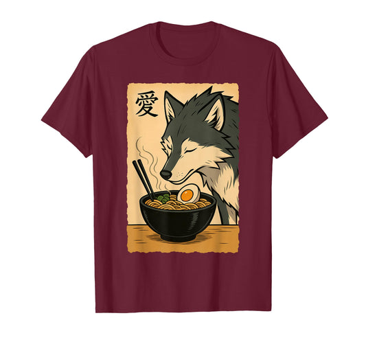 Funny Wolf Ramen Graphic Tee Japanese Art Kawaii Anime Wolf T-Shirt