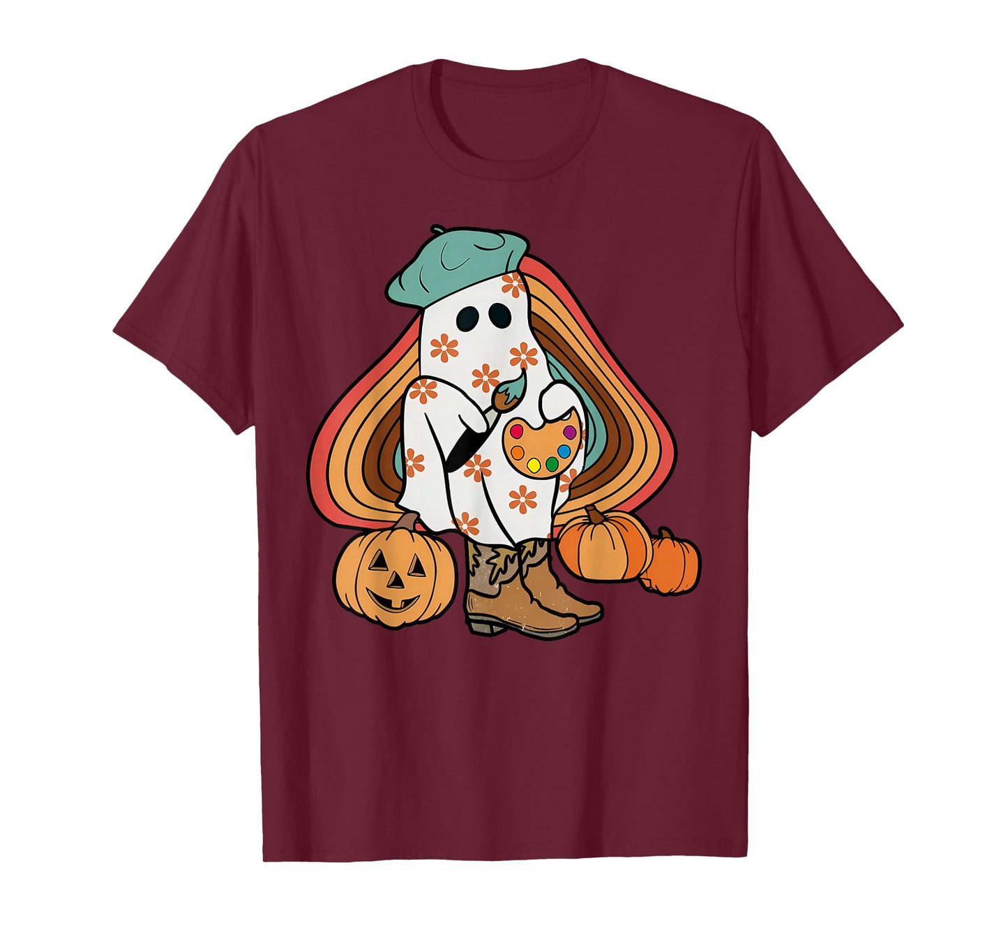 Art Teacher Painting Brushes Retro Pumpkin Ghost Artist T-Shirt