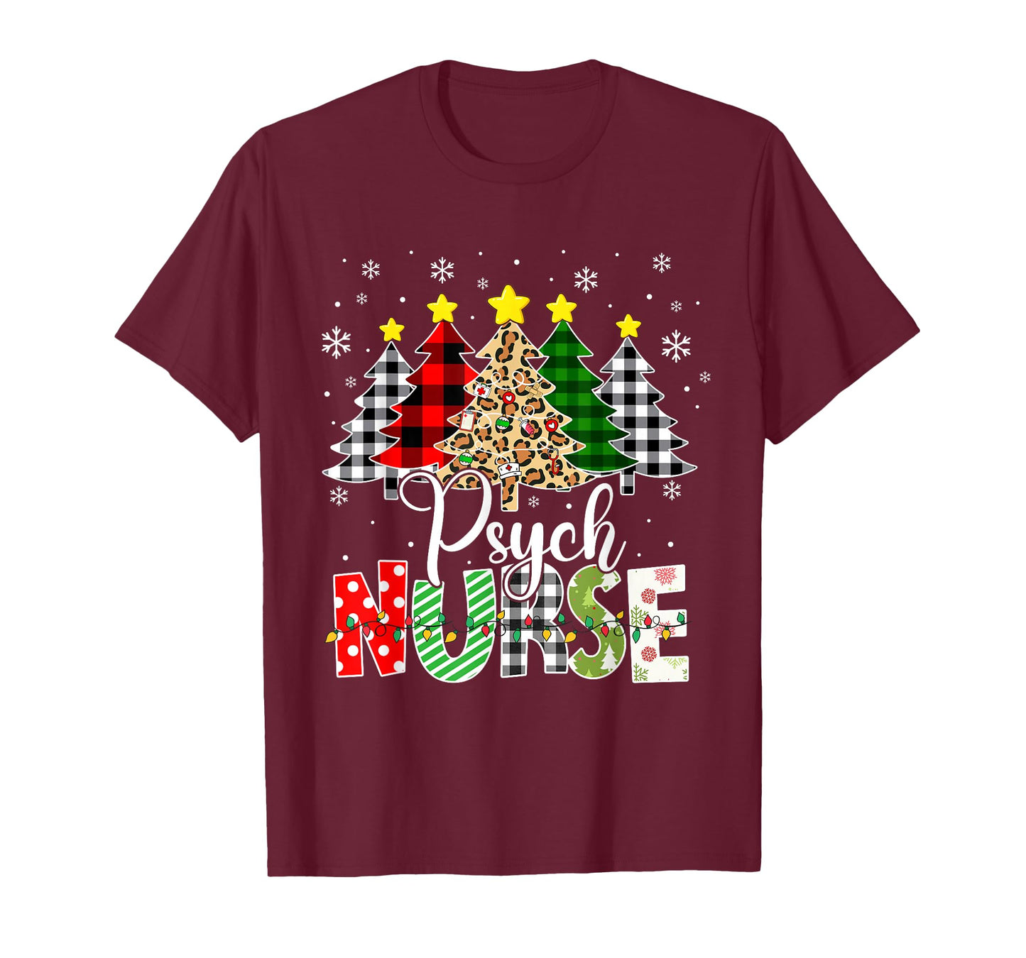 Psych Nurse Xmas Tree Leopard Red Plaid Christmas T-Shirt